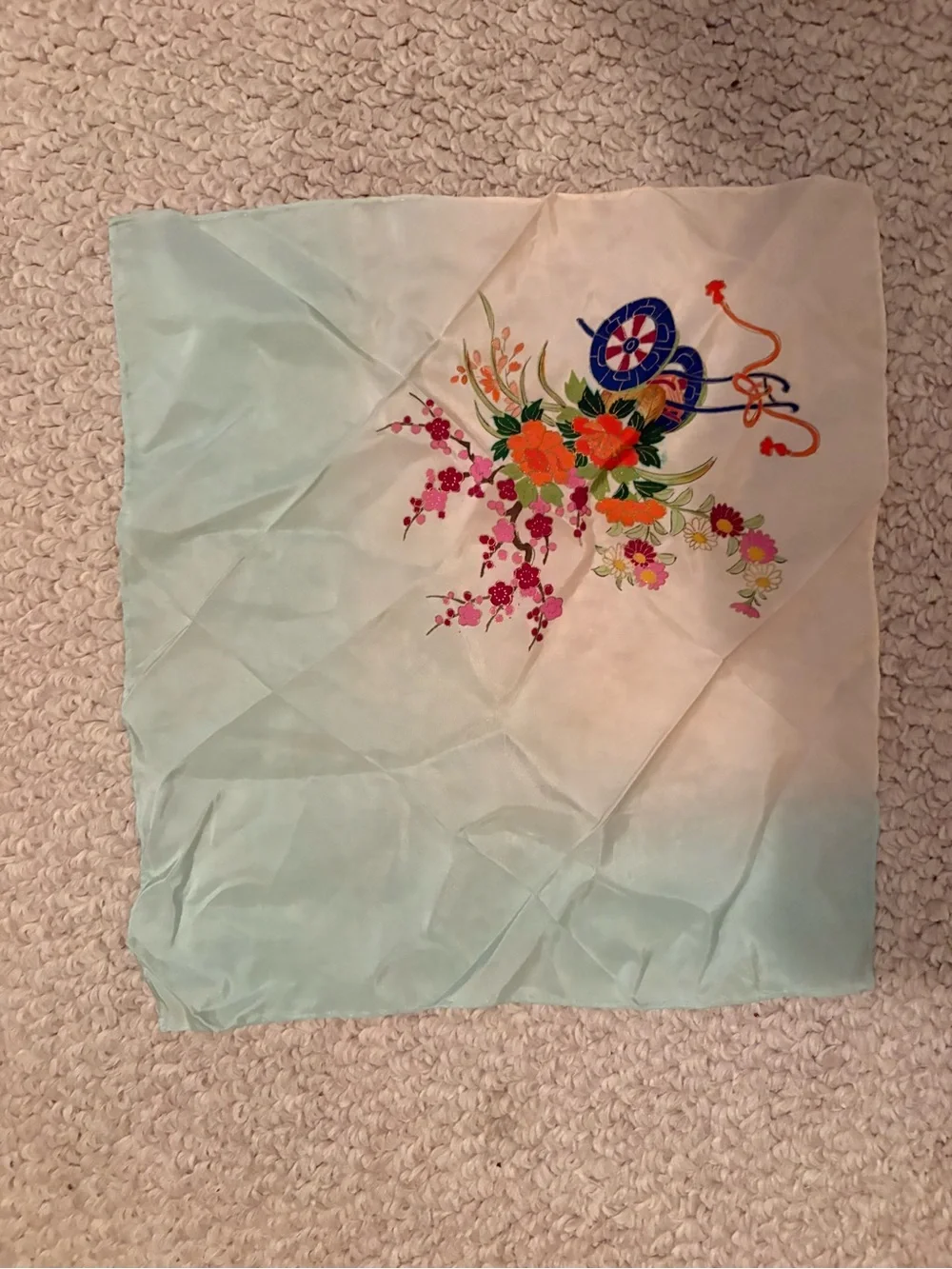 Sillk Floral Ombre handkerchief in Light Aqua vintage hand rolled